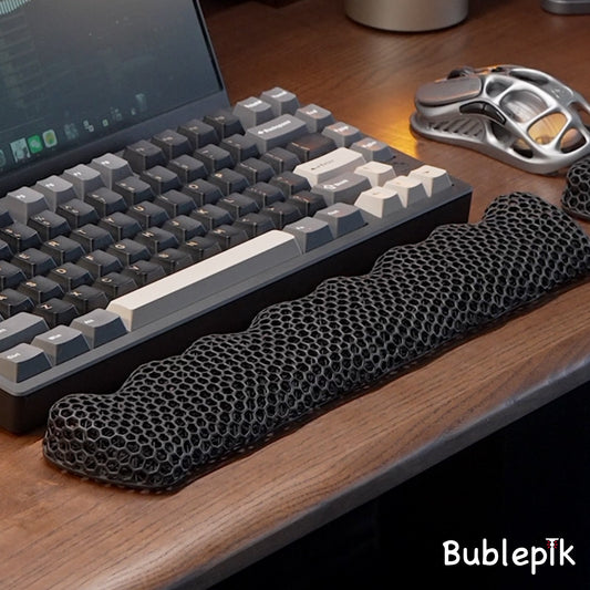 Bublepik 3D printed breathable keyboard wrist rest and mouse wrist rest on a desk