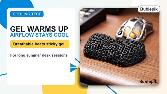 Bright cover comparing cooling gel heat buildup with Bublepik breathable airflow wrist rest