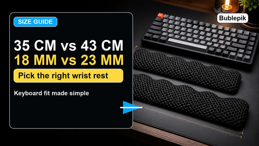 YouTube style cover comparing 35 cm and 43 cm Bublepik keyboard wrist rest sizes