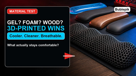 YouTube style cover comparing gel foam wood silicone and Bublepik 3D printed wrist rest materials